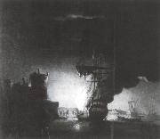 Monamy, Peter A ship on fire at night oil on canvas